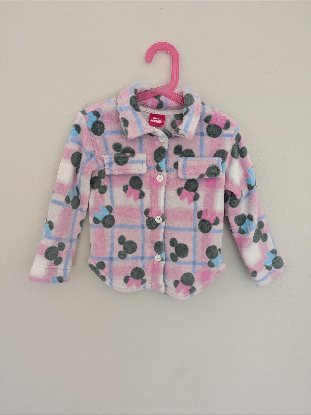 Minnie Mouse Print Pink Plaid Fleece Button-Up Shirt for Kids